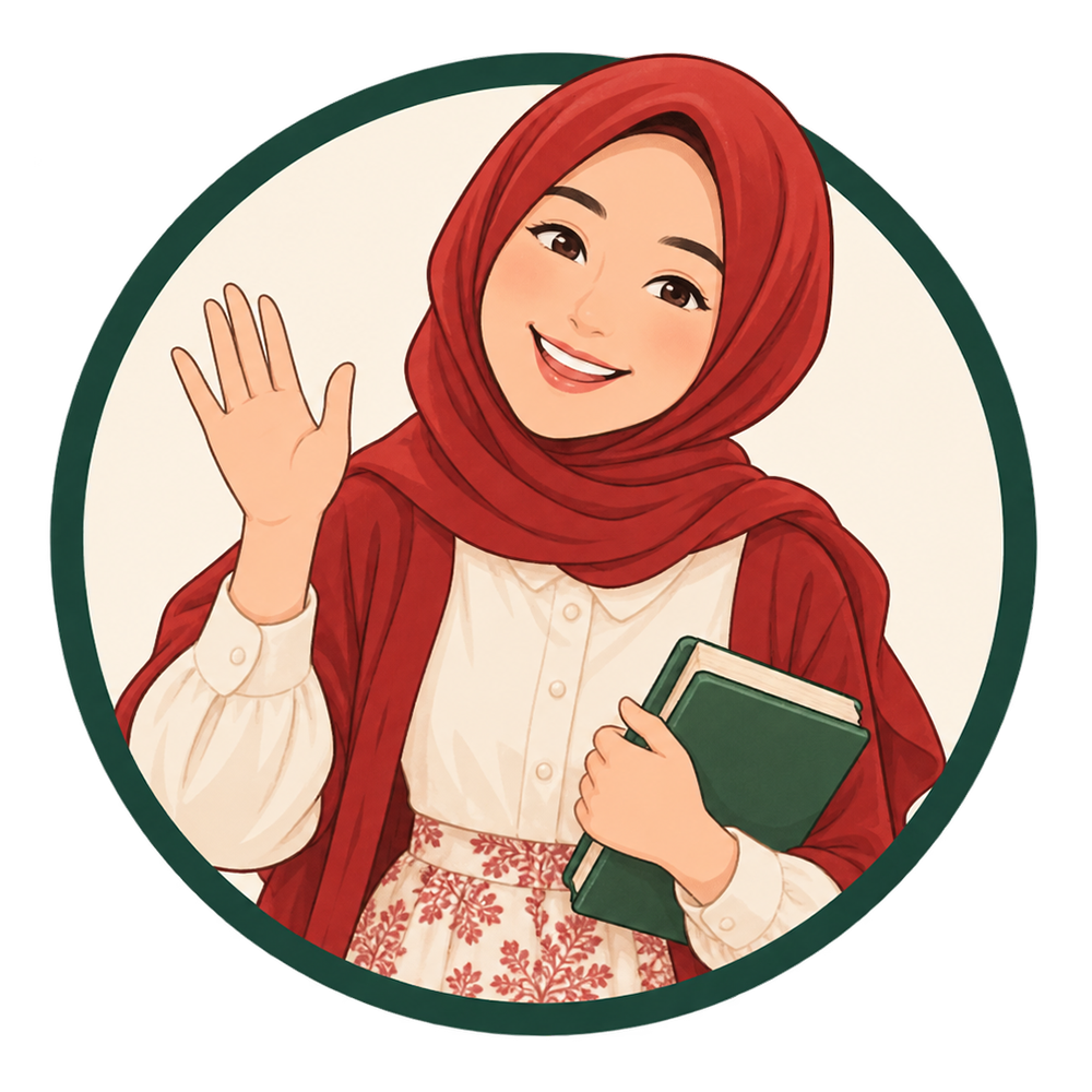 Karakter Bunda Nia mengenakan hijab merah, melambaikan tangan dan memegang buku